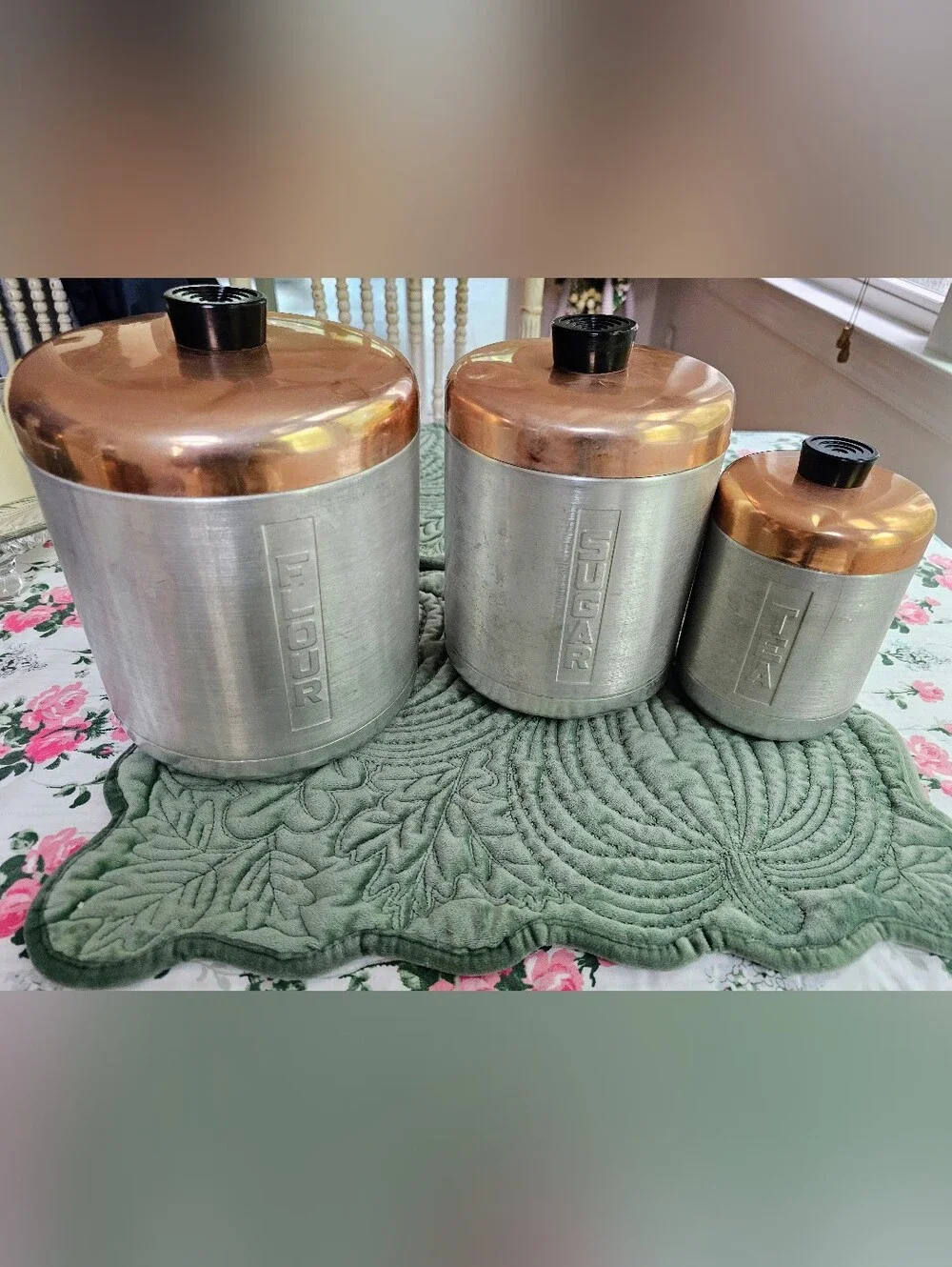 Vintage Aluminum Copper Canister Set Flour Sugar Tea Kitchen Mid Century Modern